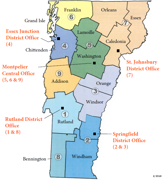 There are five Act 250 District Offices located throughout Vermont. The Barre District Office covers Lamoille and Washington Counties and the towns of Williamstown, Washington, and Orange (District 5). The Essex Junction District Office covers Chittenden County (District 4), Grand Isle and Franklin Counties (District 6), and Addison County (District 9). The Rutland District Office covers Rutland County (District 1) and Bennington County (District 8). The St. Johnsbury District Office covers Caledonia, Orleans and Essex Counties (District 7). The Springfield District Office covers most of Windham County and the southern half of Windsor County (District 2) and northern Windsor County and Orange County, except the towns of Williamstown, Washington, and Orange (District 3).